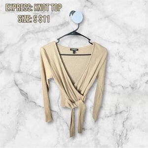 cream, ribbed, faux wrap tie-waist long-sleeve top from Express.